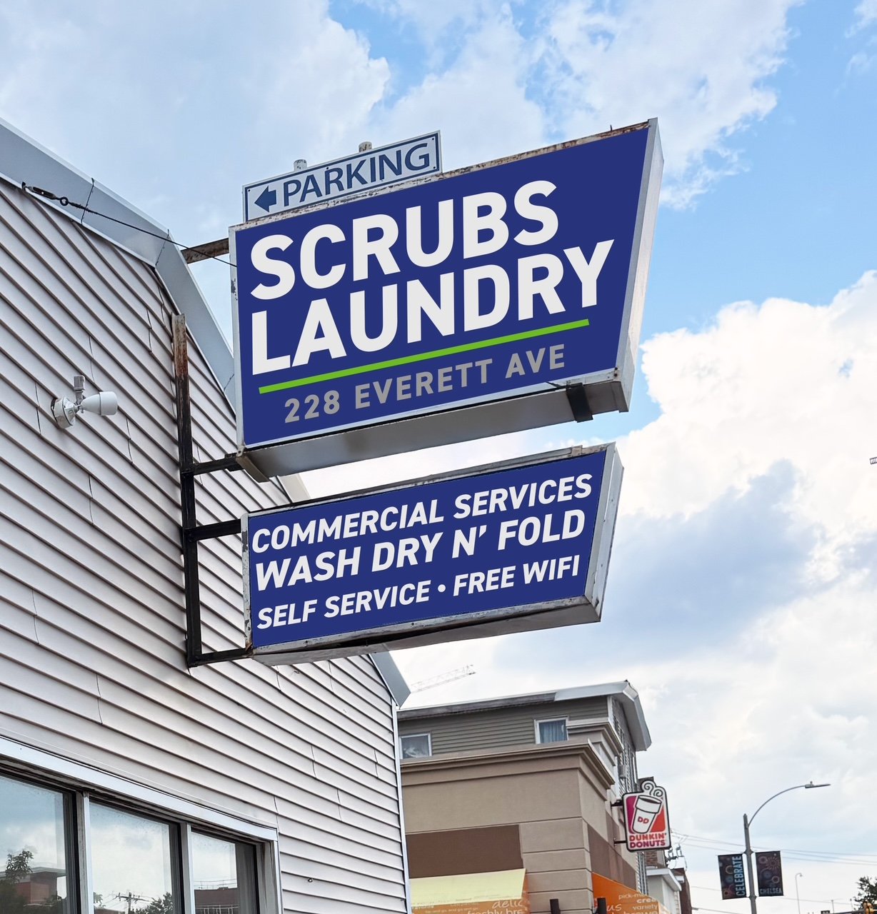 The Scrubs Laundry sign at 228 Everett Ave in Chelsea